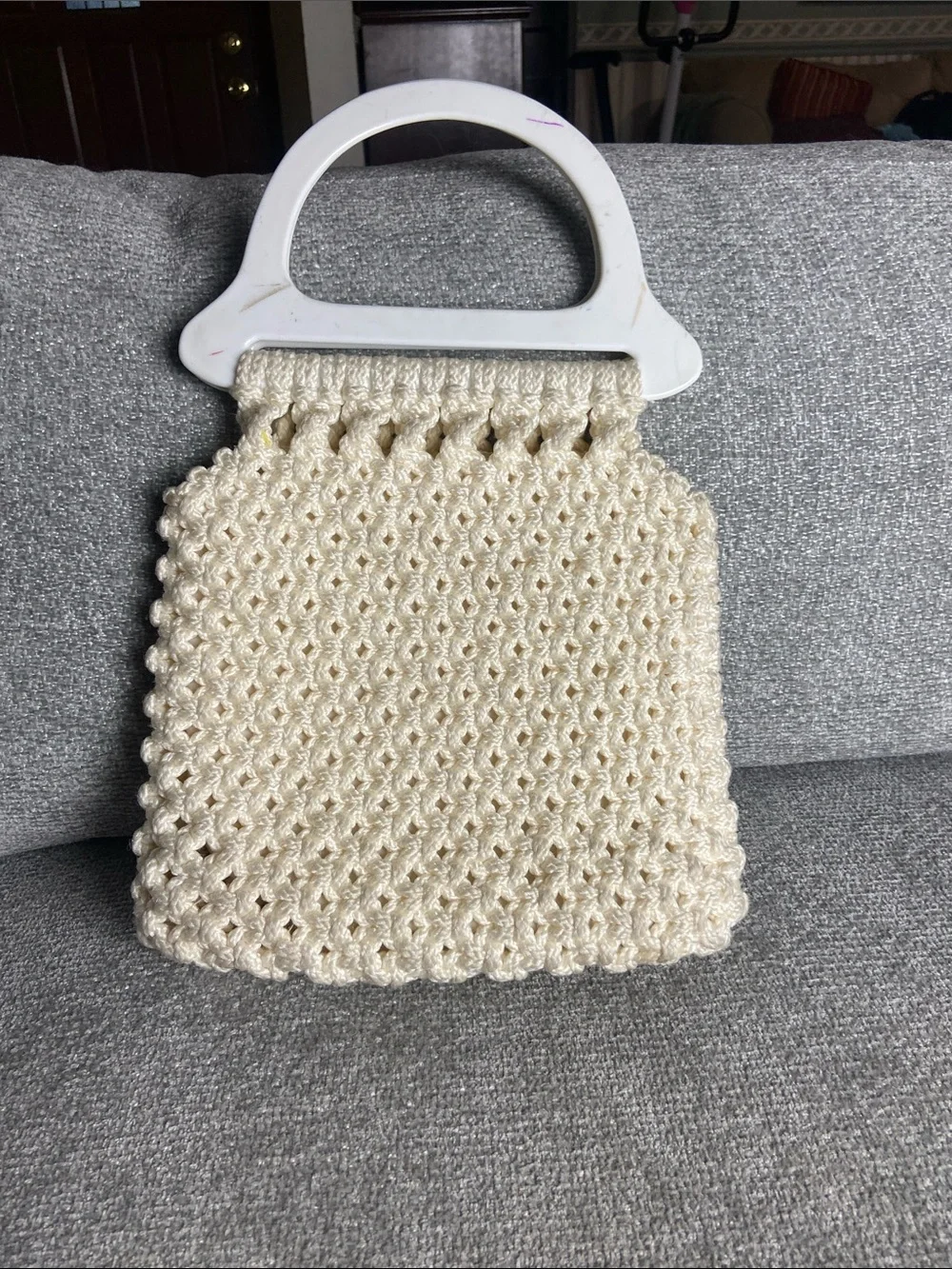 Handmade Cream Crochet Tote Bag with White Handles
